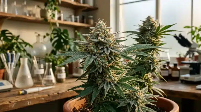 Plantes de cannabis en floraison dans un laboratoire moderne